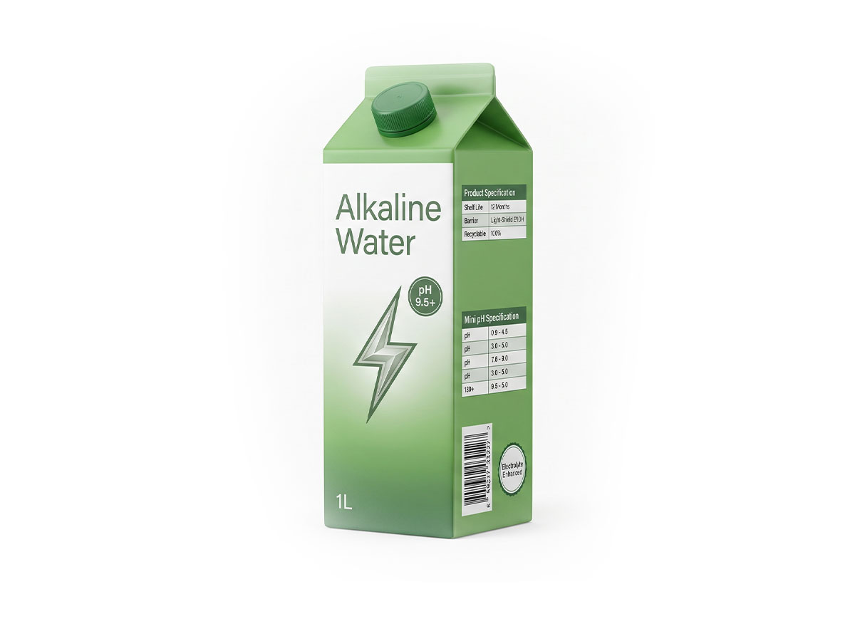 Alkaline Water Carton — Premium Gable Top Packaging by ASQ Packing | pH 9.5+ Electrolyte Enhanced Water in Recyclable Carton