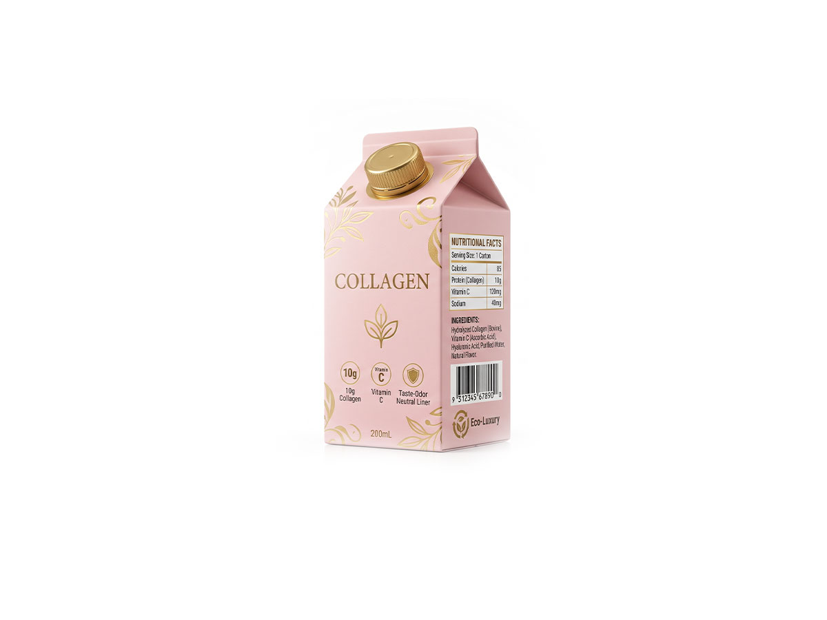 Collagen Drink Carton — 200mL Gable Top Packaging by ASQ Packing | 10g Collagen, Taste-Odor Neutral Liner, Eco-Luxury Beauty Carton