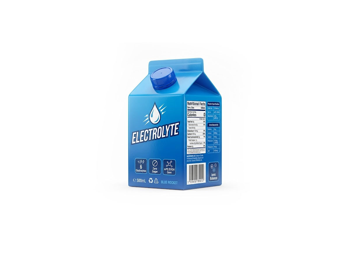 Electrolyte Sports Drink Carton — 500mL Gable Top Packaging by ASQ Packing | 6 Electrolytes, mPE/EVOH Core, Ionic Balance Sports Drink Carton