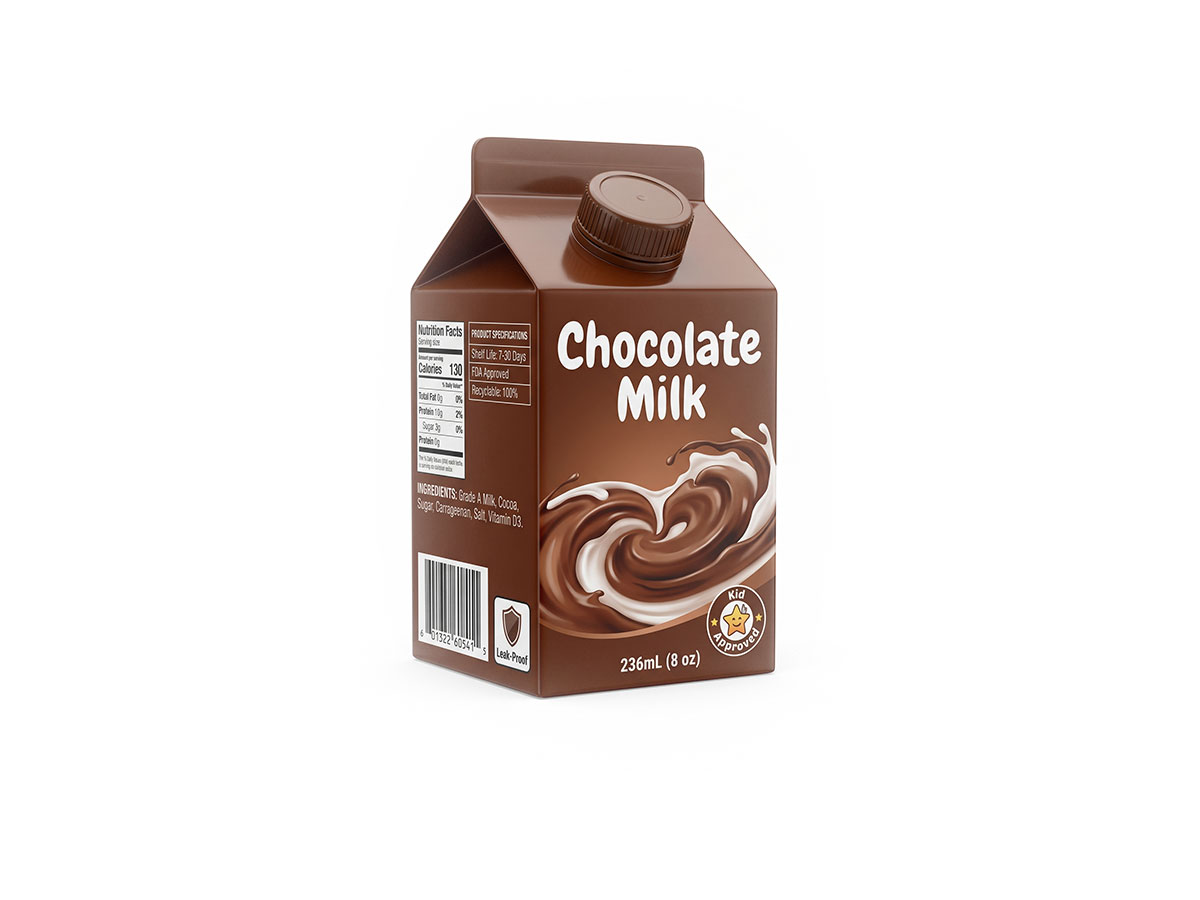 Flavored Chocolate Milk Carton — 236mL Gable Top Packaging by ASQ Packing | Kid Approved, FDA Approved, Shatterproof School Milk Carton