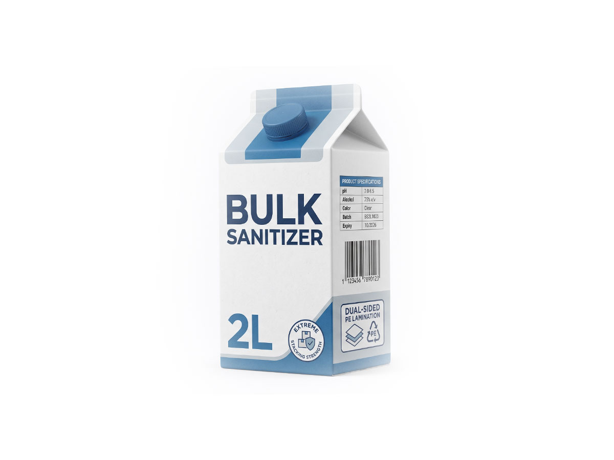 Institutional Bulk Carton — 2L Gable Top Industrial Packaging by ASQ Packing | Dual-Sided PE Lamination, Extreme Stacking Strength, Bulk Sanitizer Carton