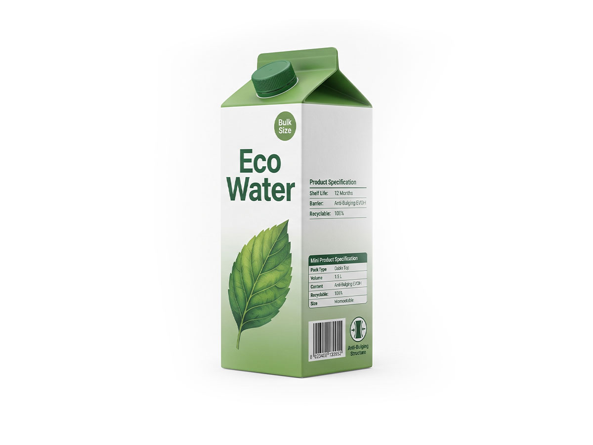 Large-Format Eco Water Carton — Premium Gable Top Packaging by ASQ Packing | 1.5L Bulk Water in Recyclable Carton