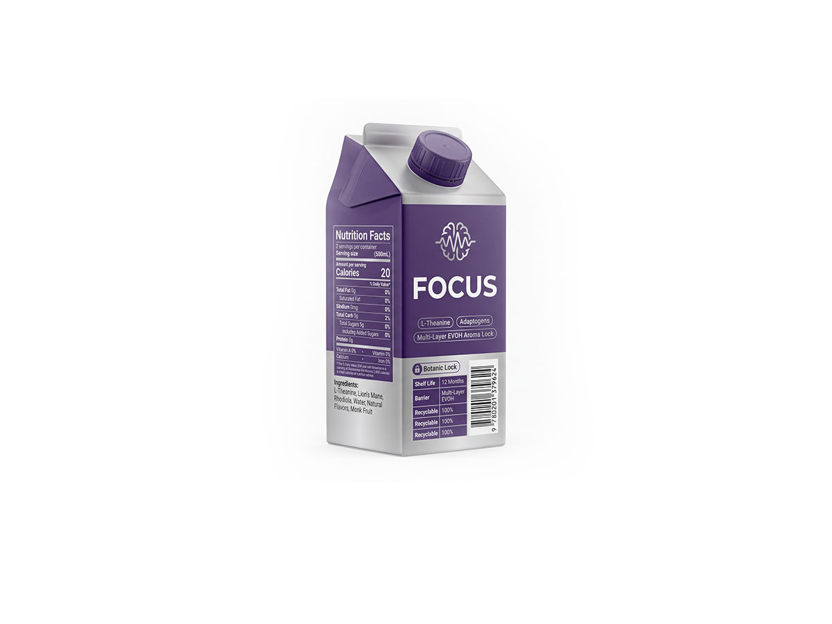 Nootropic Focus Drink Carton — 250mL Gable Top Packaging by ASQ Packing | L-Theanine, Adaptogens, Multi-Layer EVOH Aroma Lock Carton