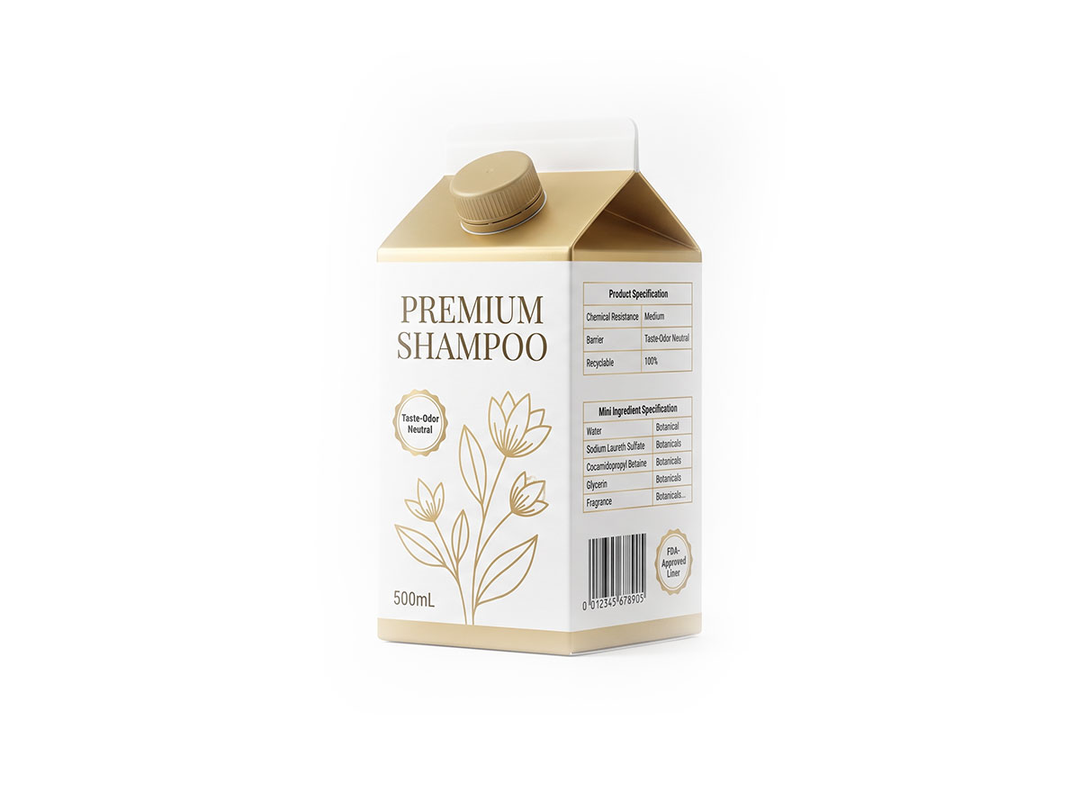 Personal Care Cosmetics Carton — 500mL Gable Top Packaging by ASQ Packing | Taste-Odor Neutral, FDA-Approved, Eco-Luxury Shampoo Carton