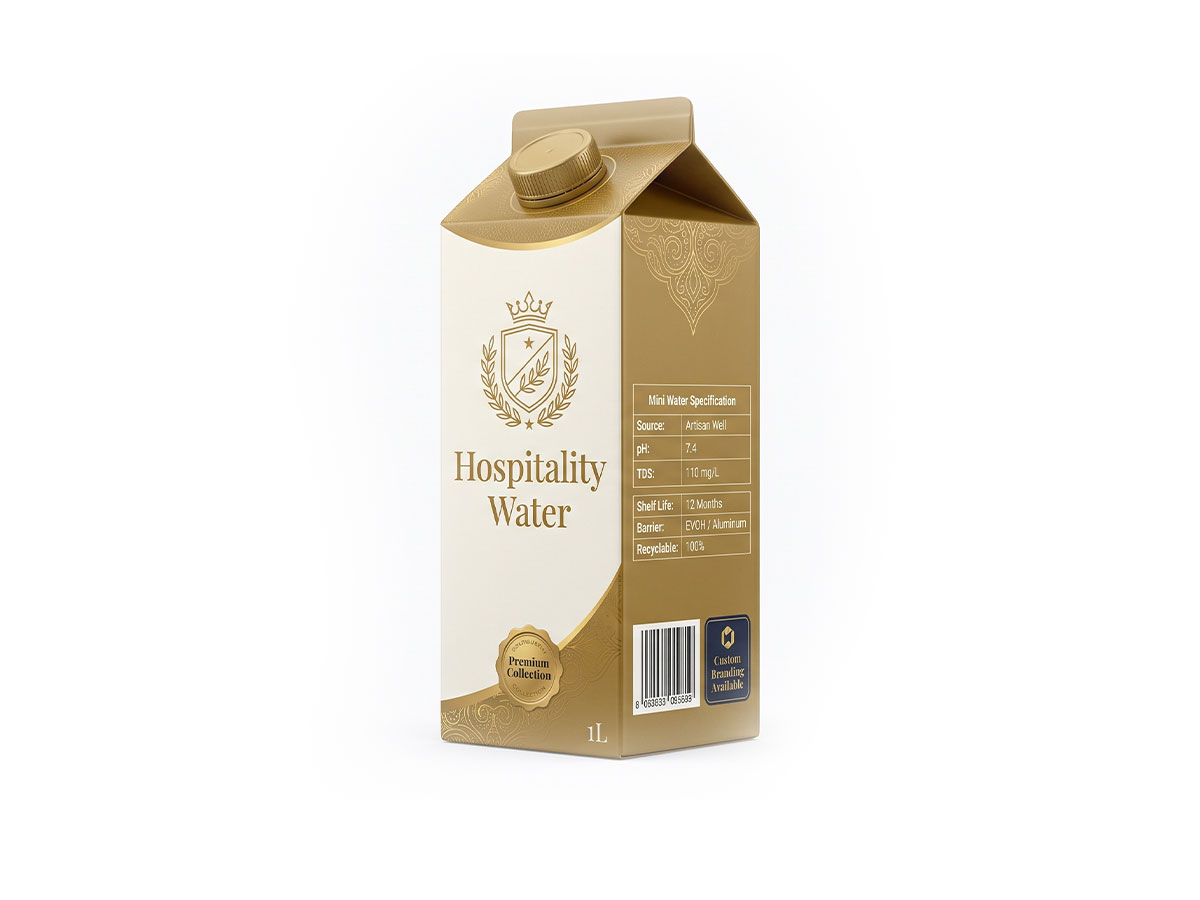 Premium Hospitality Water Carton — Custom Branded Gable Top Packaging by ASQ Packing | Luxury Hotel Water in Recyclable Carton