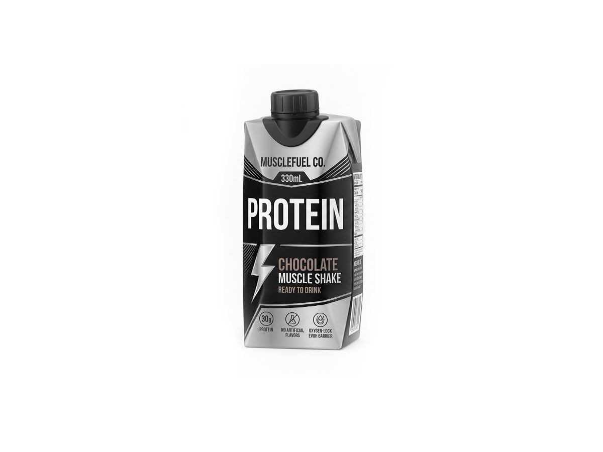 RTD Protein Shake Carton — 330mL Gable Top Packaging by ASQ Packing | 30g Protein, Oxygen-Lock EVOH Barrier, BPA-Free Protein Carton